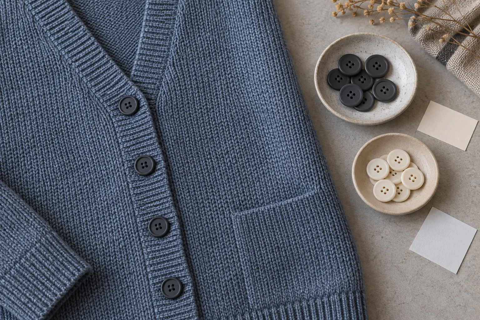 Blue cardigan front beside dishes of dark and cream spare buttons