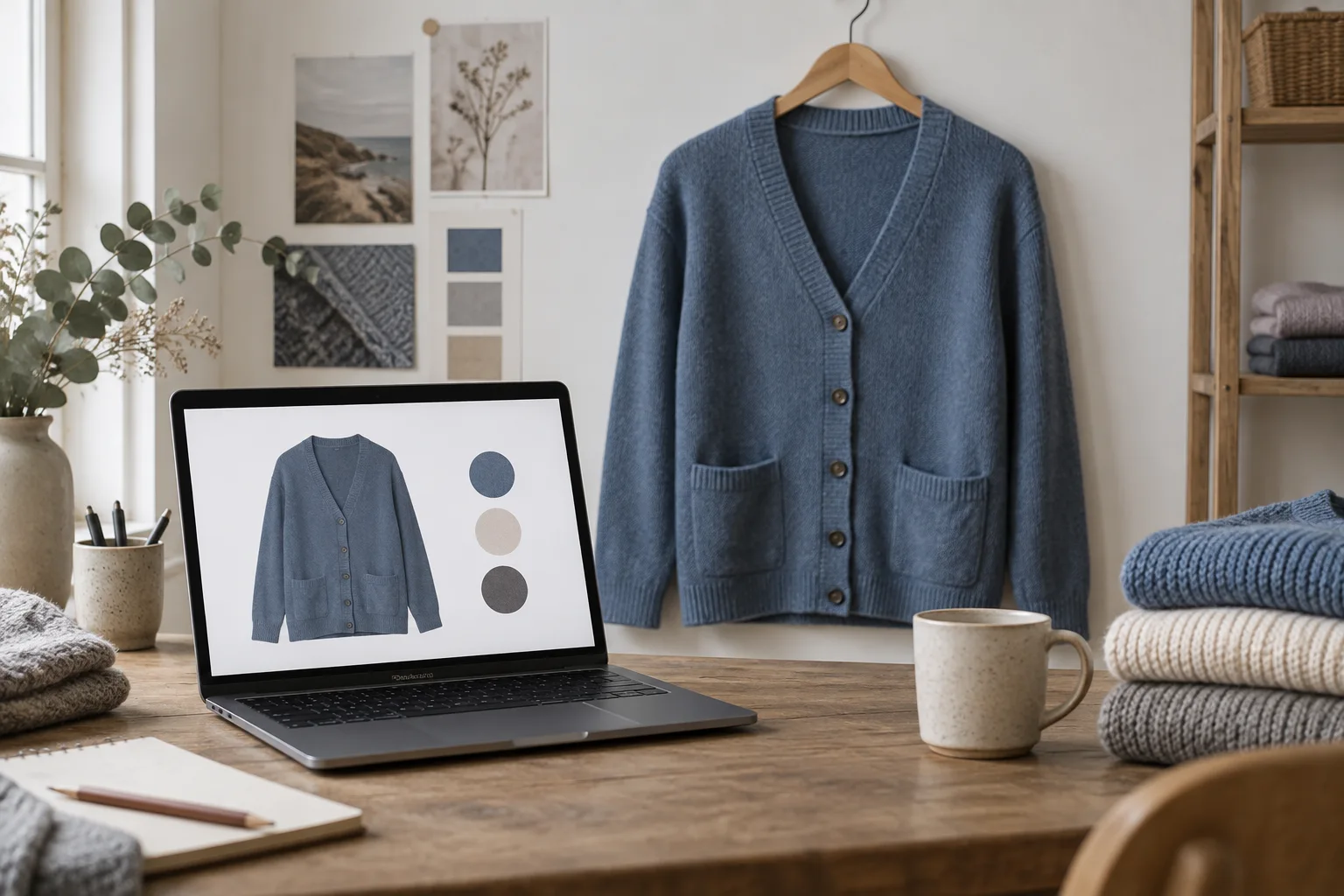 Blue cardigan on a hanger beside a laptop showing a cardigan thumbnail