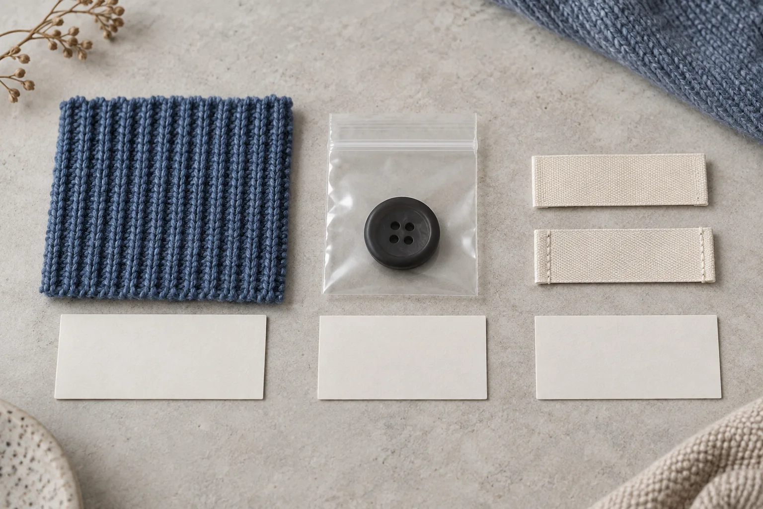 Blue knit swatch, bagged button and blank fabric labels on separate reference cards