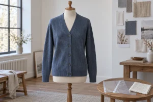 Slate-blue V-neck cardigan on a dress form beside blank reference sleeves
