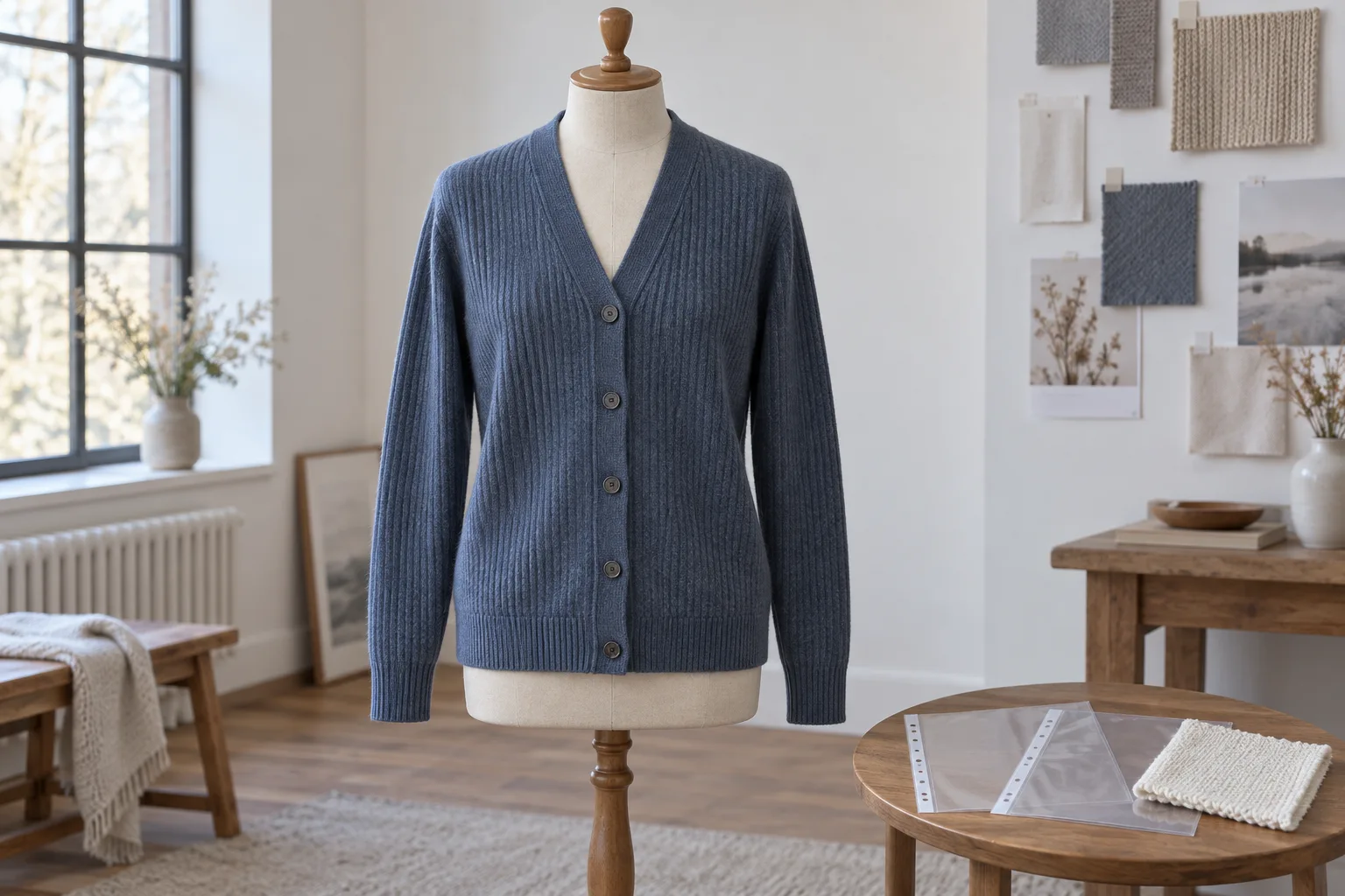 Slate-blue V-neck cardigan on a dress form beside blank reference sleeves