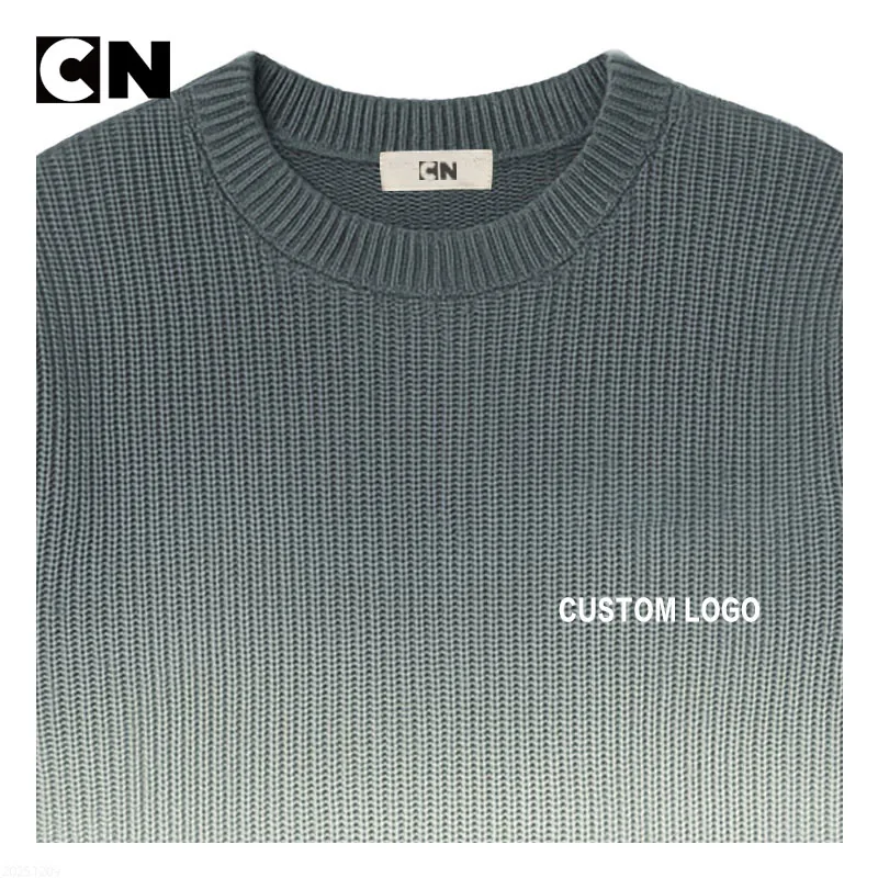 Gradient green knit sweater with a custom logo placed on the chest