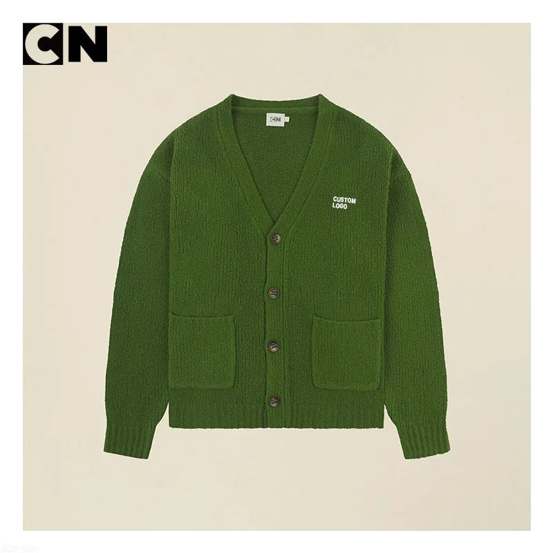Green V-neck button-front knit cardigan with patch pockets