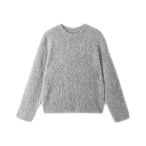 Grey mohair blend crew neck knit sweater, flat lay