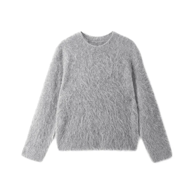 Grey mohair blend crew neck knit sweater, flat lay at CN Sweaters, low moq knitwear manufacturer in Dongguan