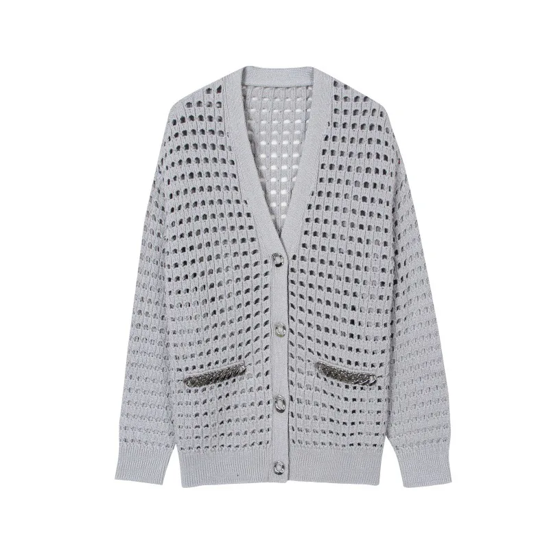Grey open-knit cardigan with patch pockets photographed flat