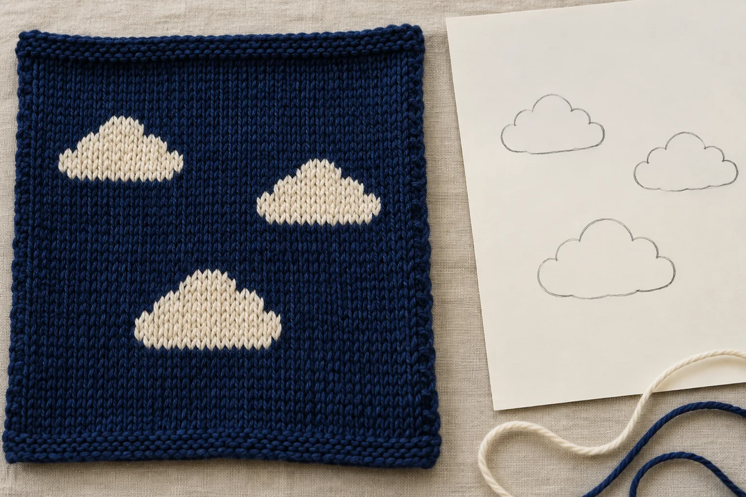 Navy knit panel with three cream clouds beside a cloud drawing and loose yarn