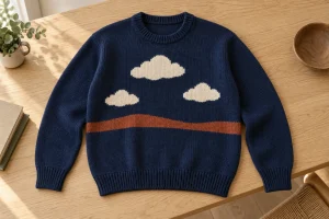 Navy pullover with three cream cloud motifs and a rust stripe on an oak table