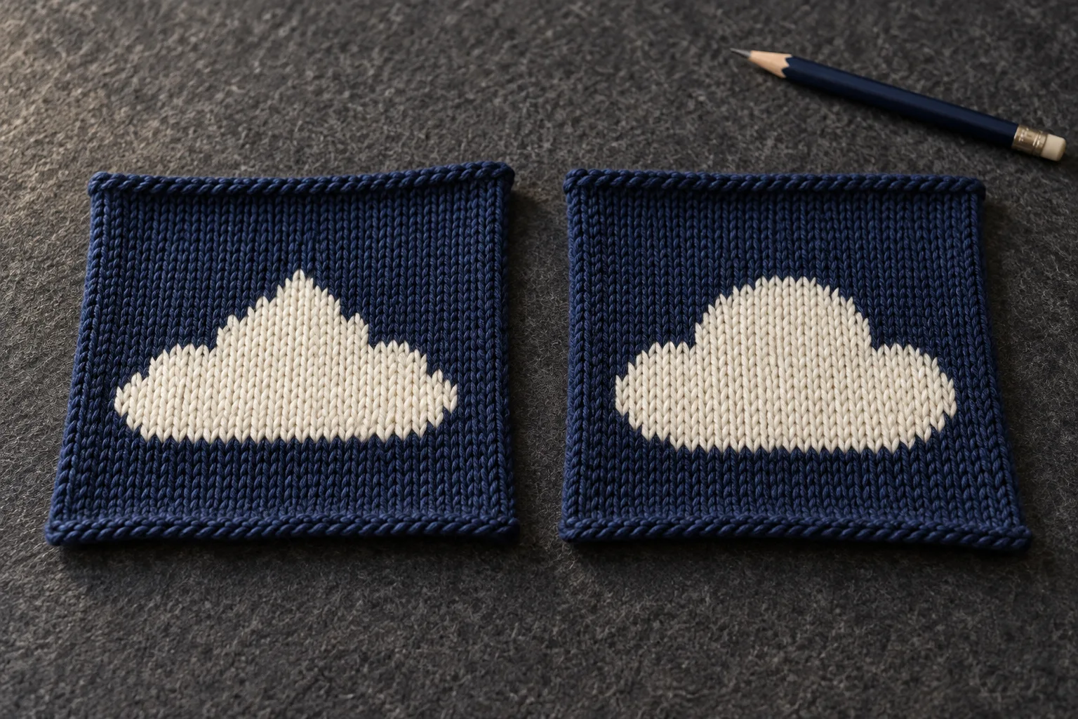 Two navy swatches with pointed and rounded cream cloud shapes on dark felt