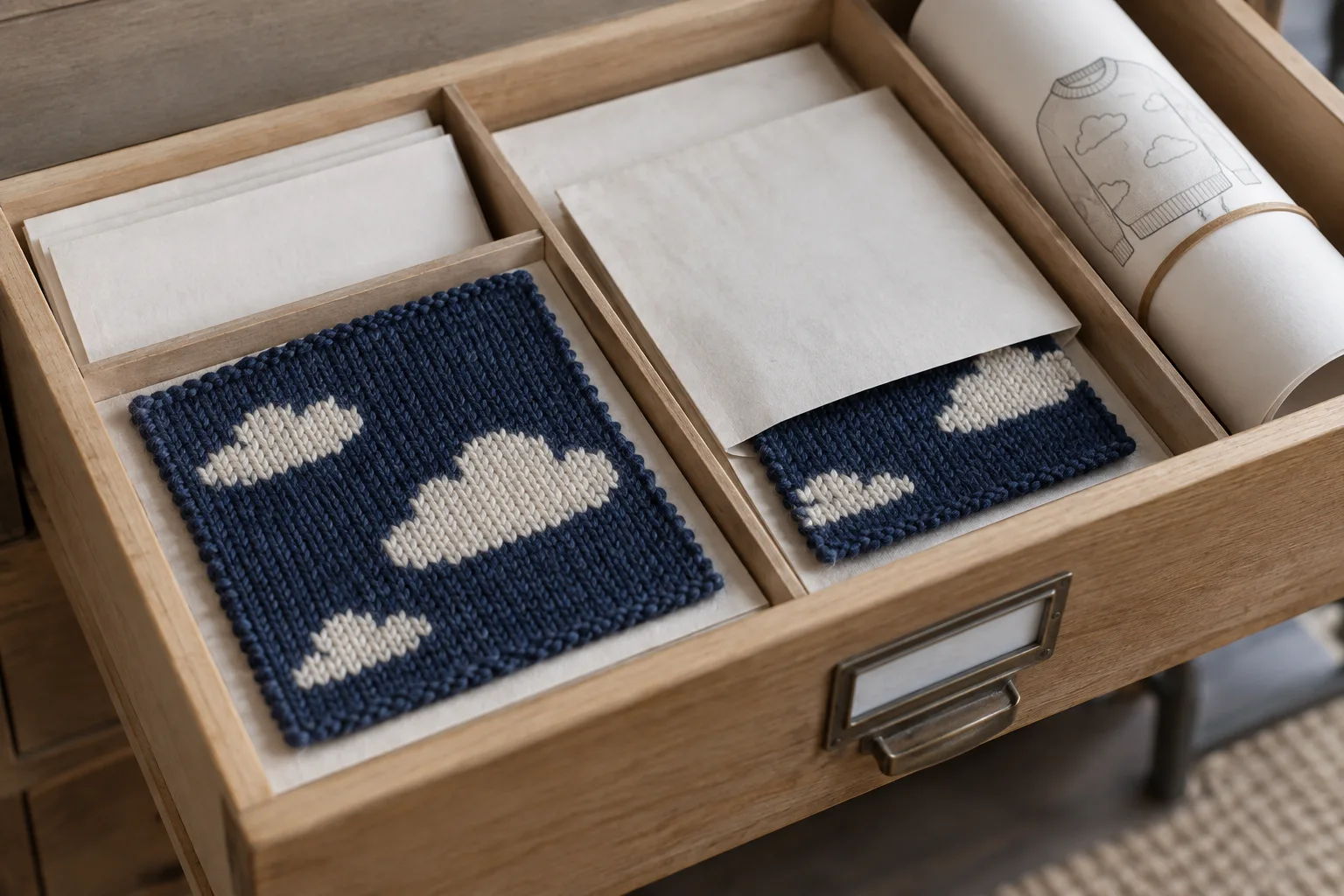 Navy cloud-motif swatches and blank paper sleeves inside a divided archive drawer