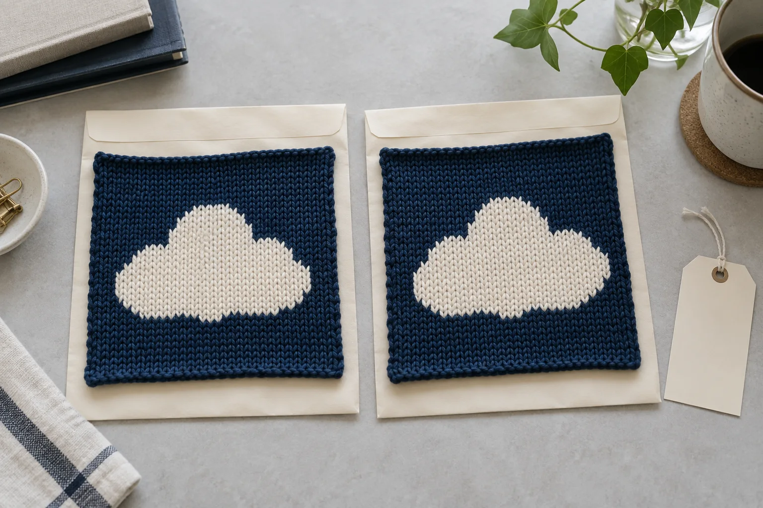 Two navy cloud-motif knitted panels resting face up on separate cream envelopes