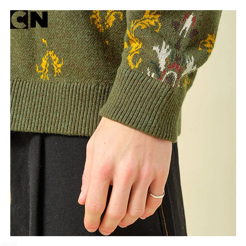Jacquard pattern knit cardigan, sleeve and cuff detail