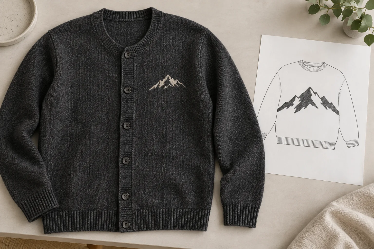 Charcoal cardigan with a small mountain motif beside a pullover outline drawing