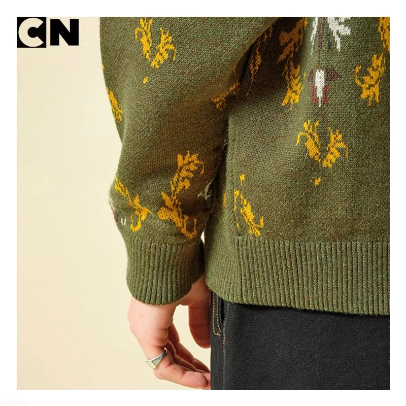 Button placket detail of a jacquard knit cardigan