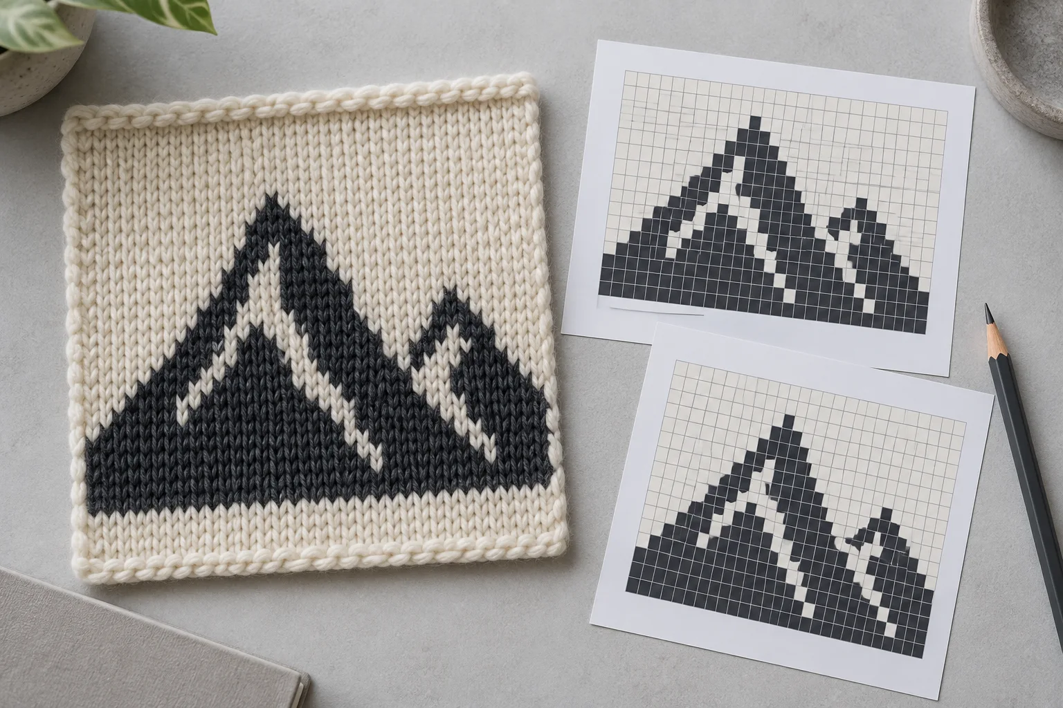 Cream mountain-motif knit swatch beside two paper grid interpretations and a pencil
