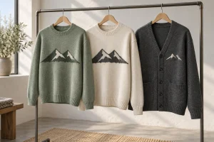 Sage and cream pullovers with mountain motifs beside a charcoal cardigan on a rail