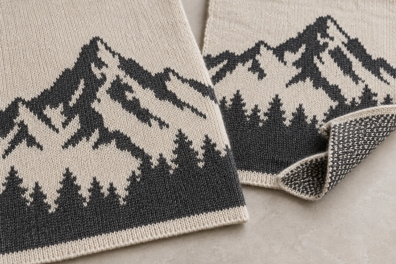 Two cream and charcoal mountain-pattern knit panels with one corner turned to show the reverse