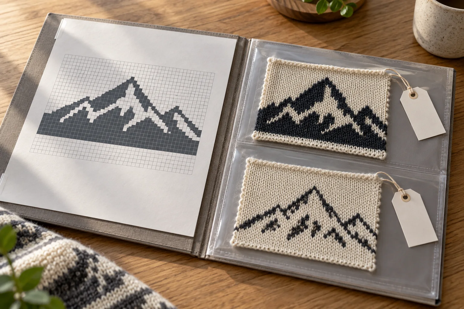 Open reference folder holding a grid drawing and two mountain-motif swatches with blank tags