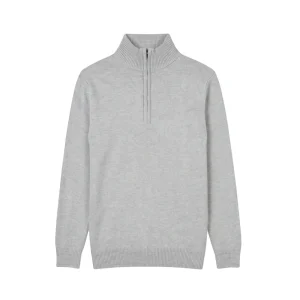 Light grey quarter-zip knit sweater, flat lay