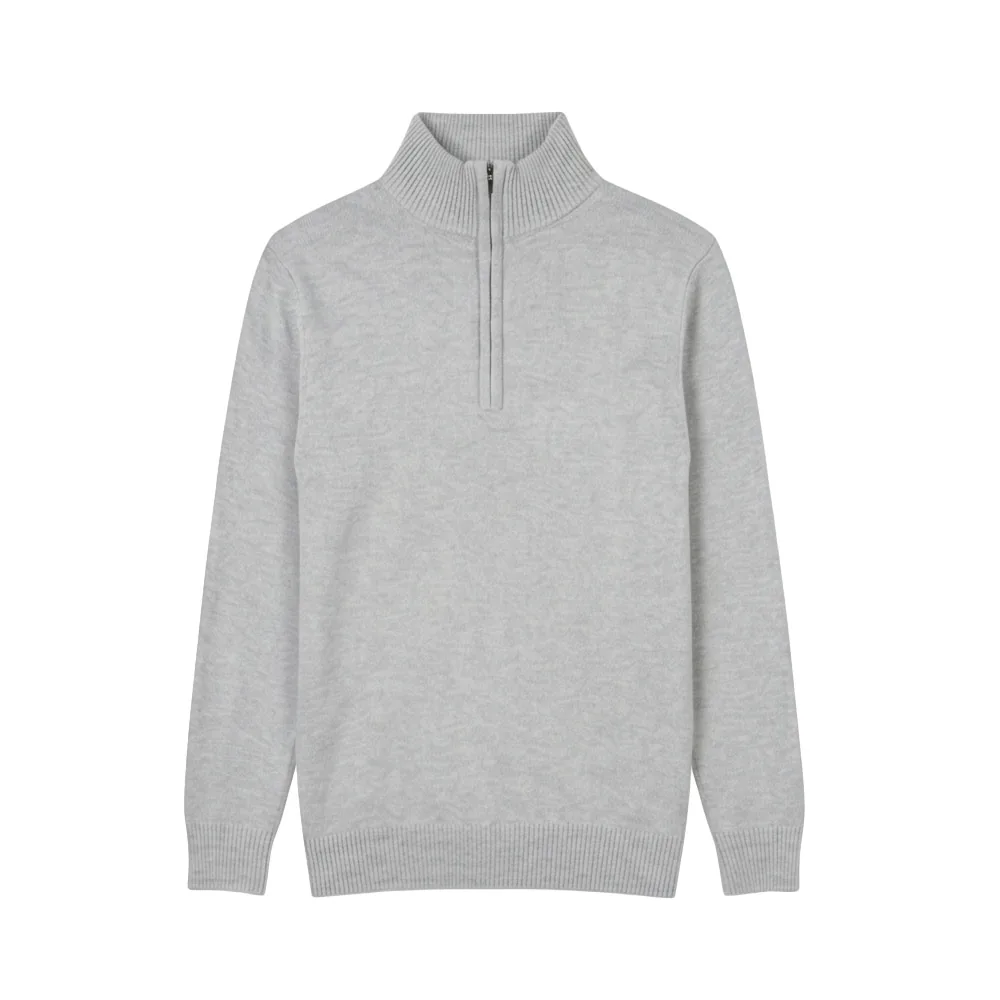 Light grey quarter-zip knit sweater, flat lay
