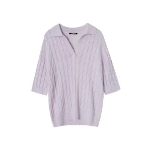 Lilac cable knit short-sleeve polo sweater