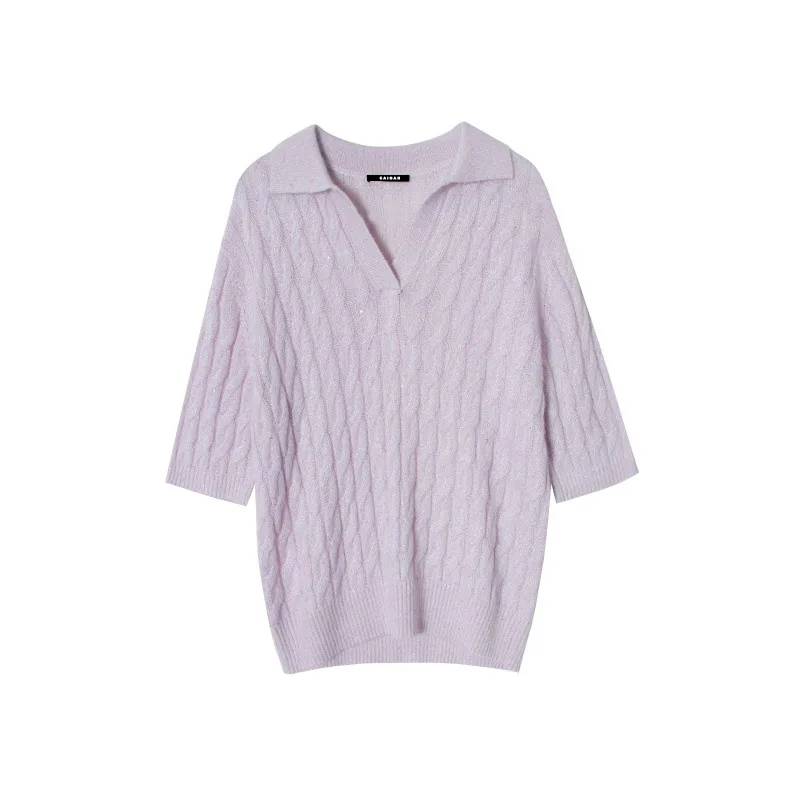 Lilac cable knit polo sweater with short sleeves showing cables running beside the front placket