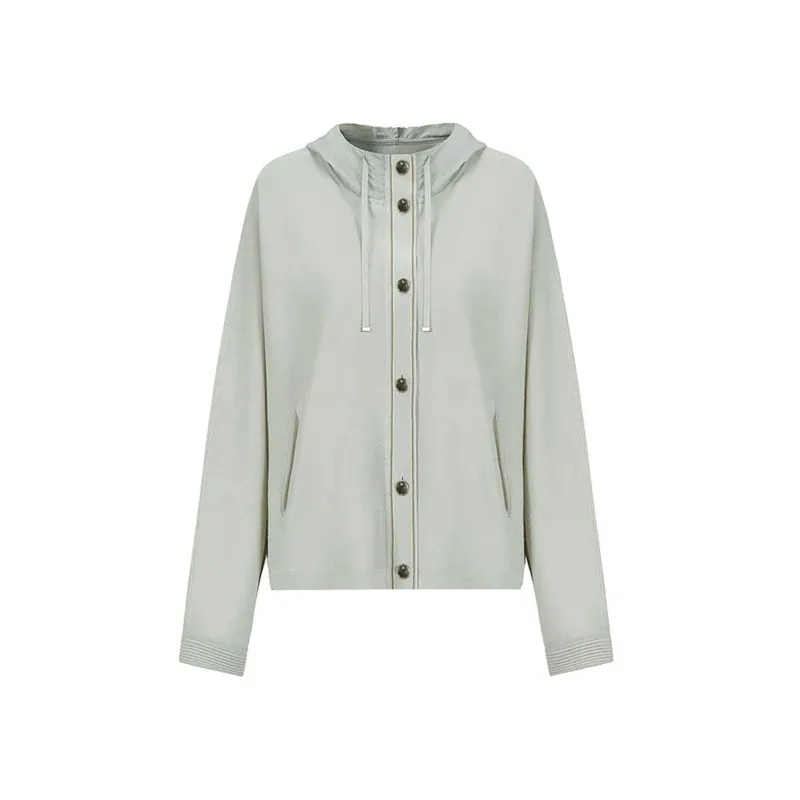 Mint green hooded knit cardigan with buttons