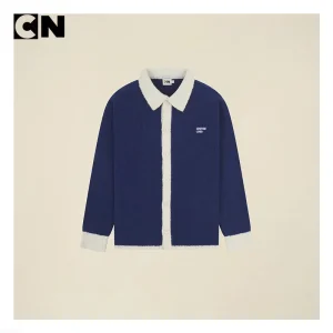 Navy knit cardigan with contrast collar and button front, made by Cainan