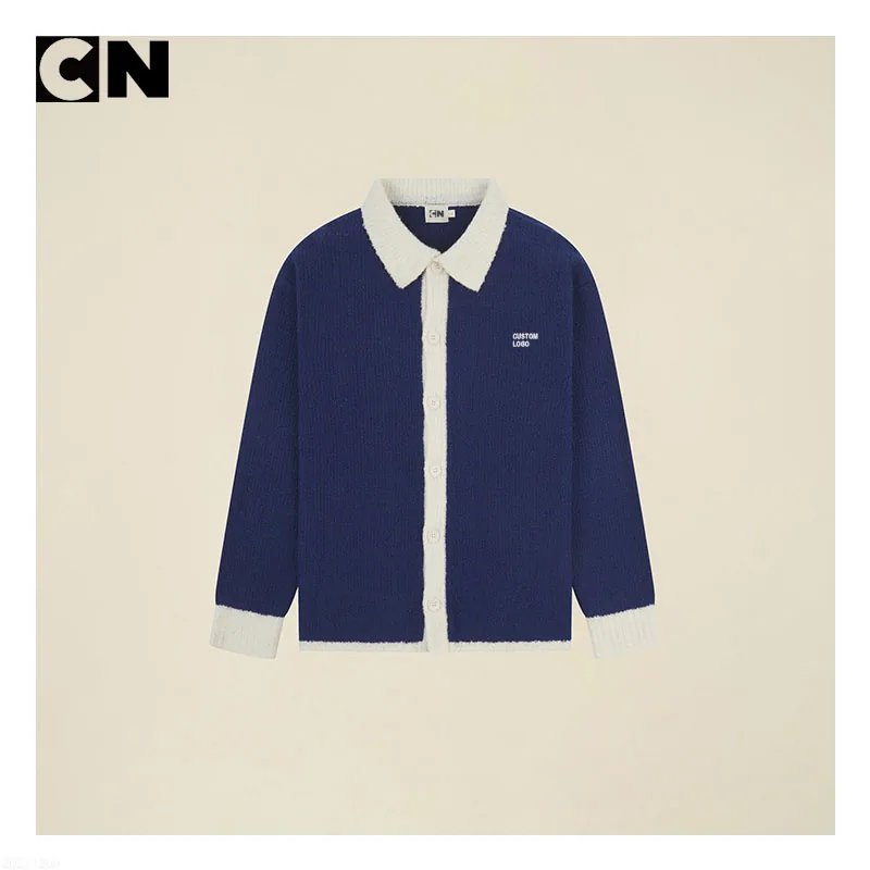 Navy knit cardigan with contrast collar and button front, made by Cainan