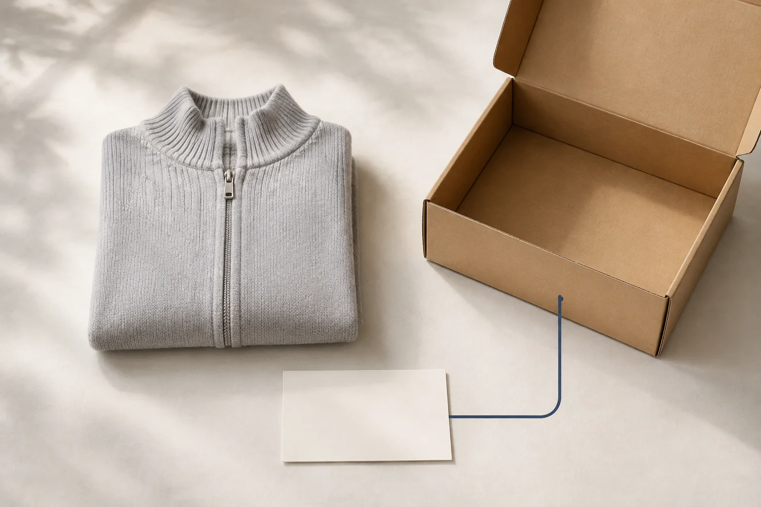 Folded zip cardigan beside a blank paper card and open plain carton.