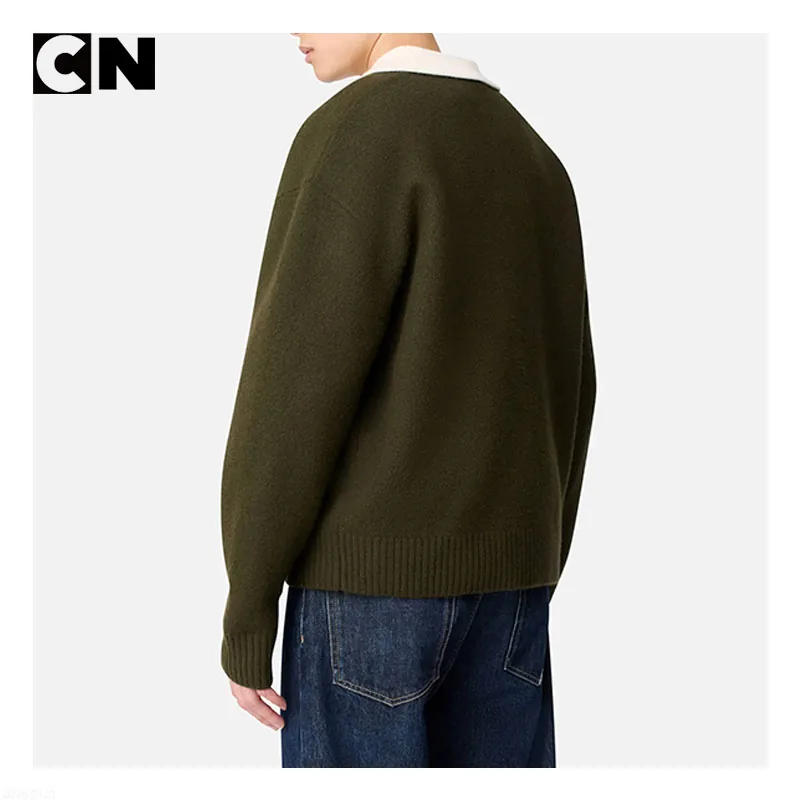 Placket detail of a contrast collar knit polo sweater