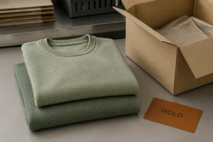 Two sage knit sweaters beside an open carton and a hold card