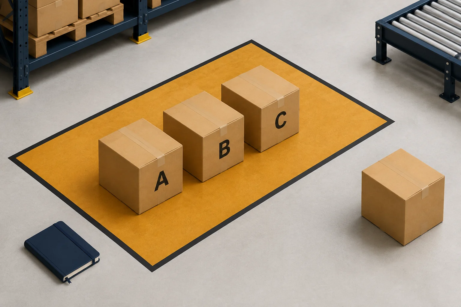 Cartons A, B and C within a marked hold area beside a record book