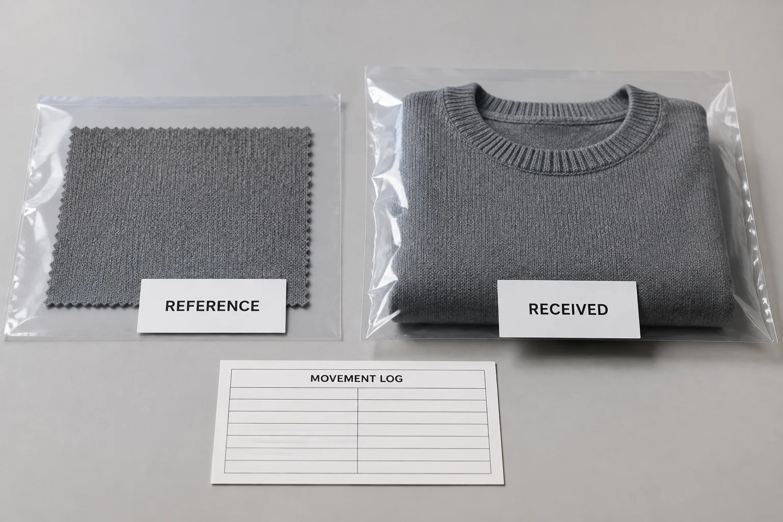 Reference swatch and received knit garment kept separately with identification cards