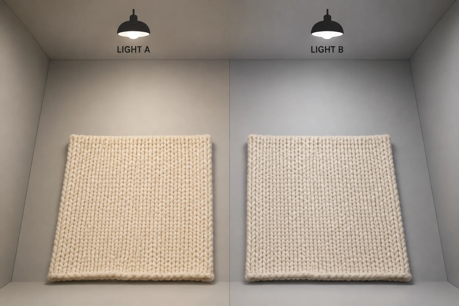 Two knit swatches beneath LIGHT A and LIGHT B labels in a neutral conceptual enclosure.