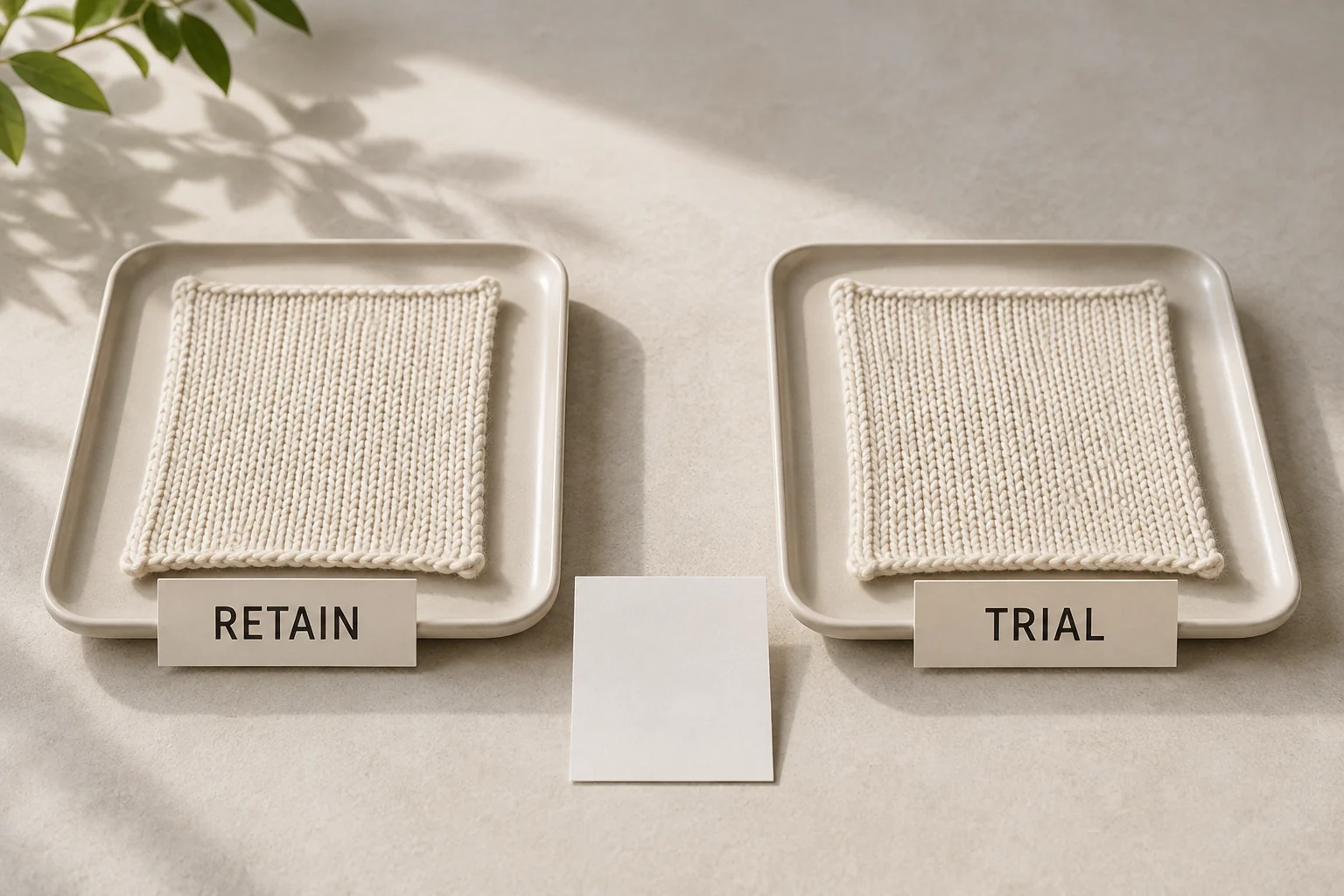Two knit panels in trays labeled RETAIN and TRIAL beside a blank card.