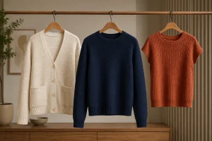 Three conceptual knitted garments separated on individual hangers.