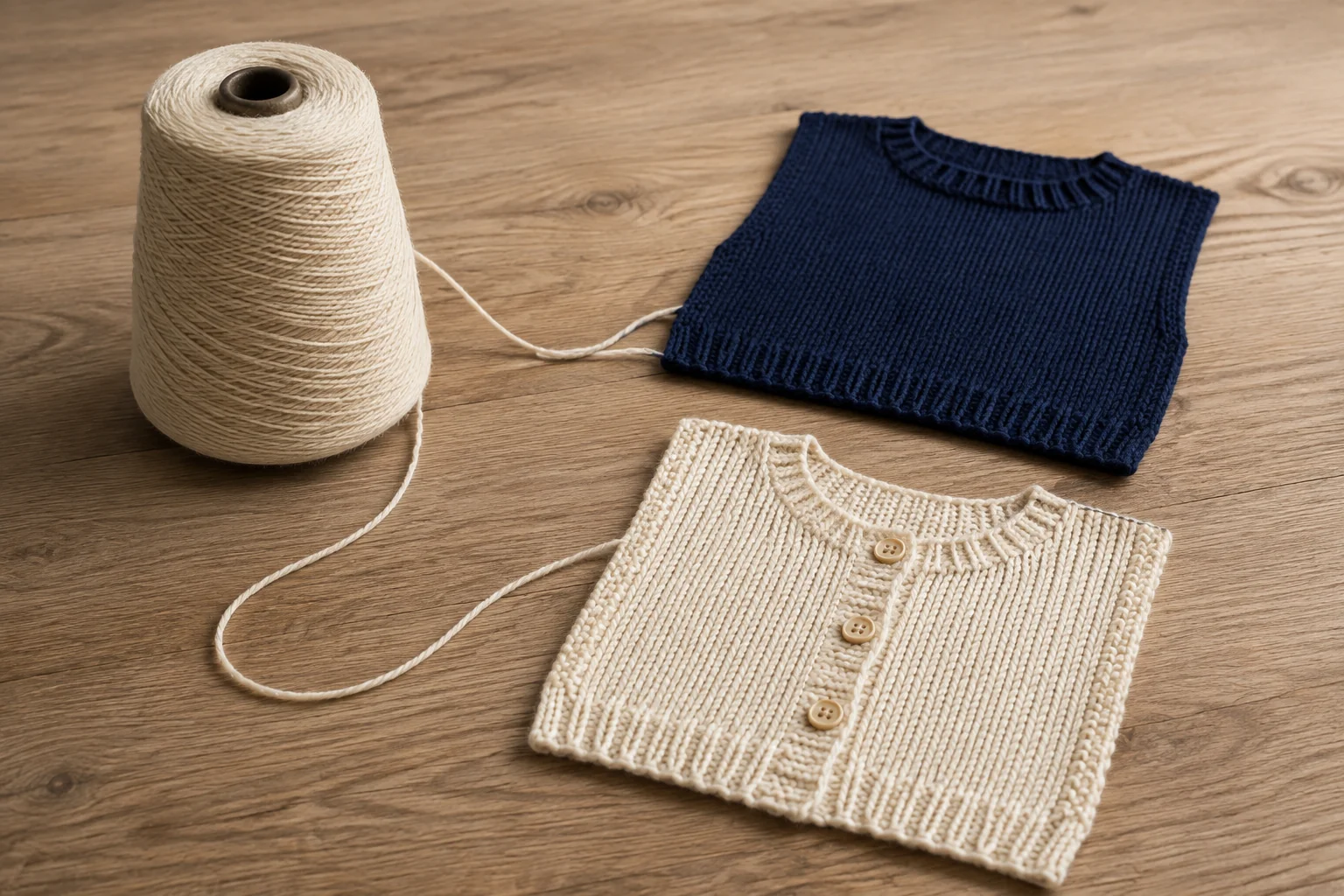 A yarn cone connected visually to two separate knitted swatches.
