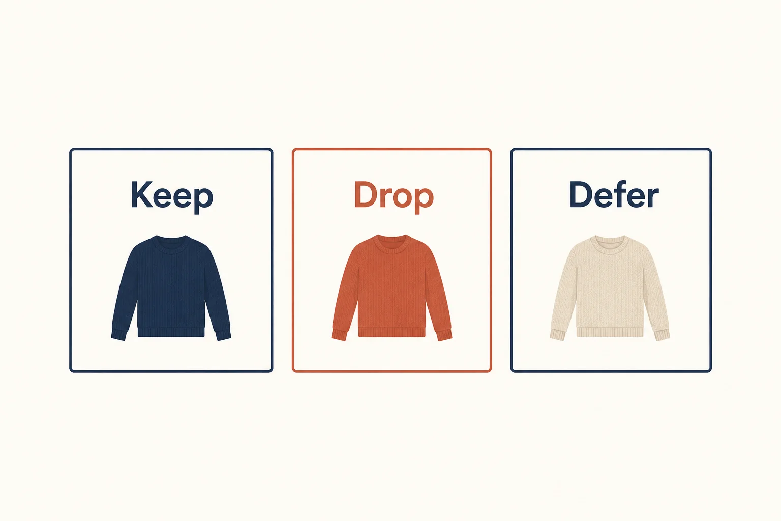 Three illustrated decision boxes labeled Keep, Drop and Defer.