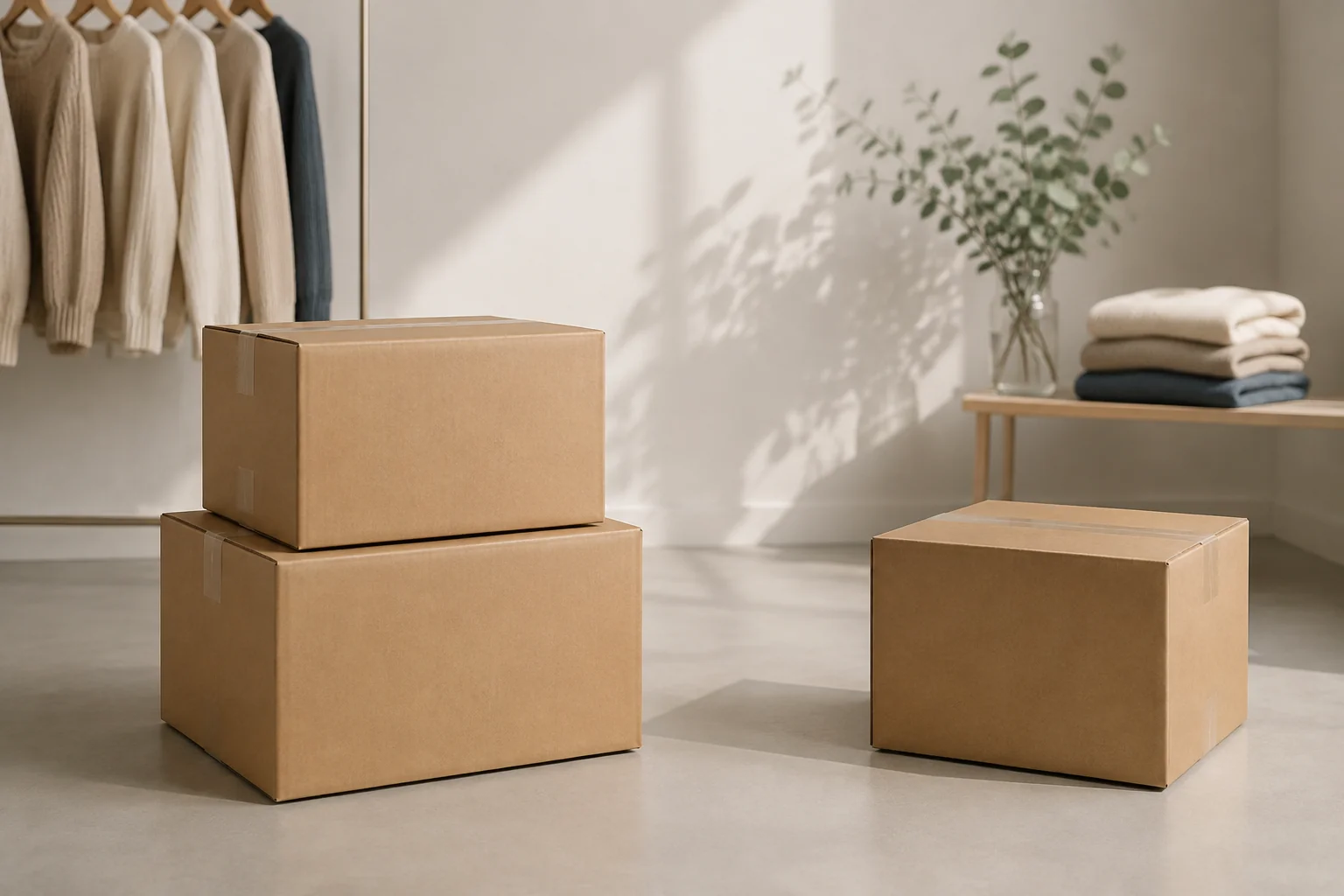 Two separate groups of plain cartons in a neutral knitwear room.