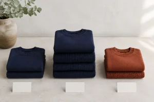 Three folded knitwear stacks in navy and rust with different heights.