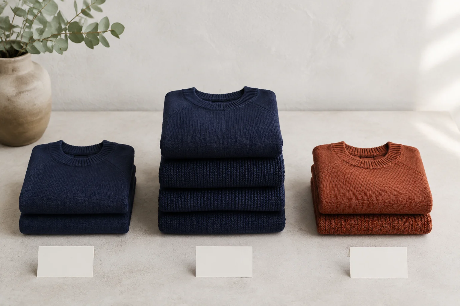 Three folded knitwear stacks in navy and rust with different heights.