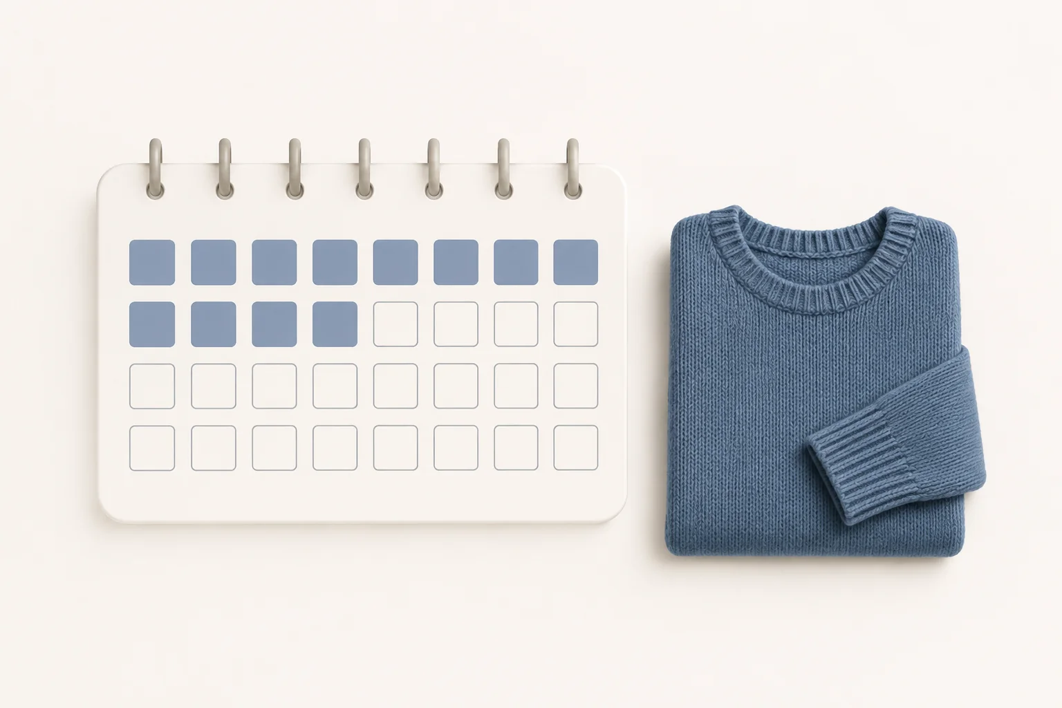 An unnumbered calendar with filled and outlined cells beside a folded blue sweater.
