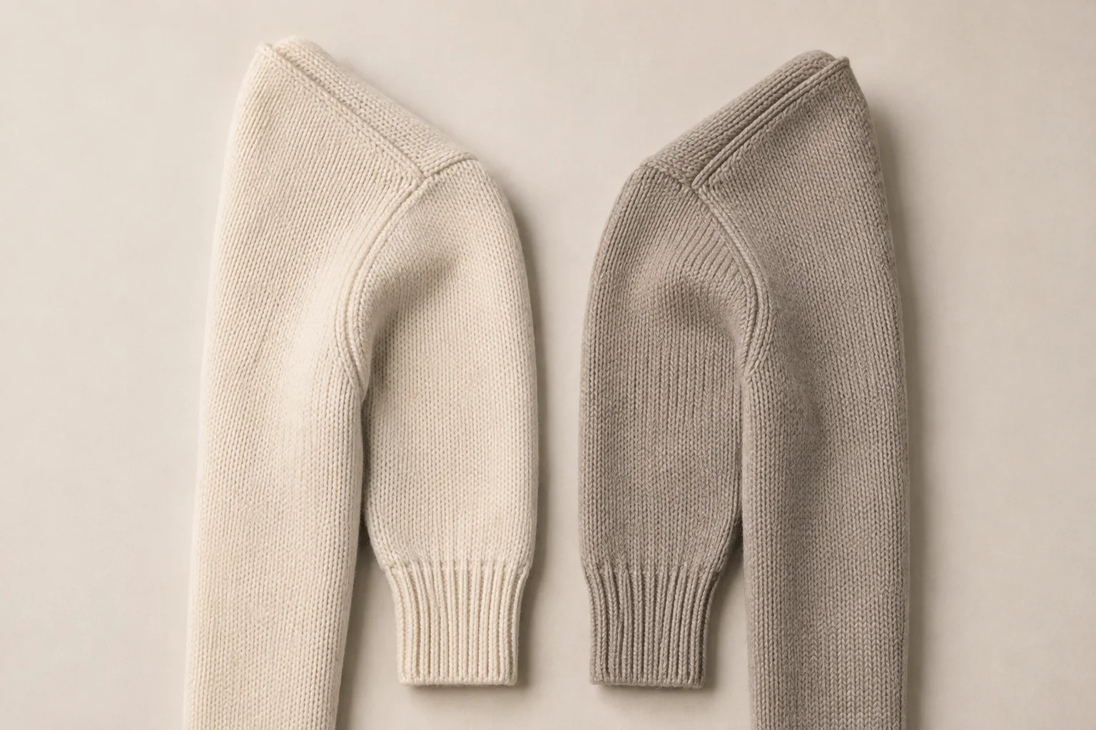Cream and taupe knitted sweater shoulder and sleeve areas with ribbed cuffs.