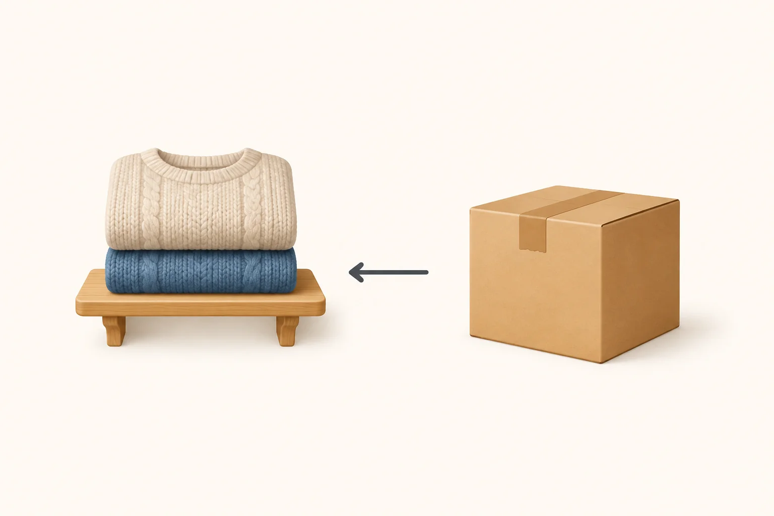 Two folded sweaters on a low shelf beside a separate carton and an incoming arrow.