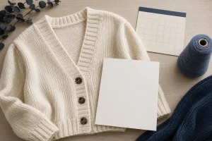 A cream knitted cardigan beside blank paper, a calendar card and a yarn cone.