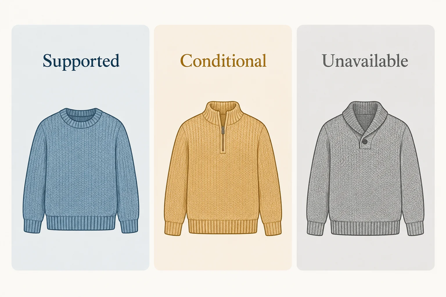 Three illustrated sweater groups labeled Supported, Conditional and Unavailable.