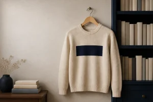 Oatmeal crewneck concept beside a shelf of blank-spine books.