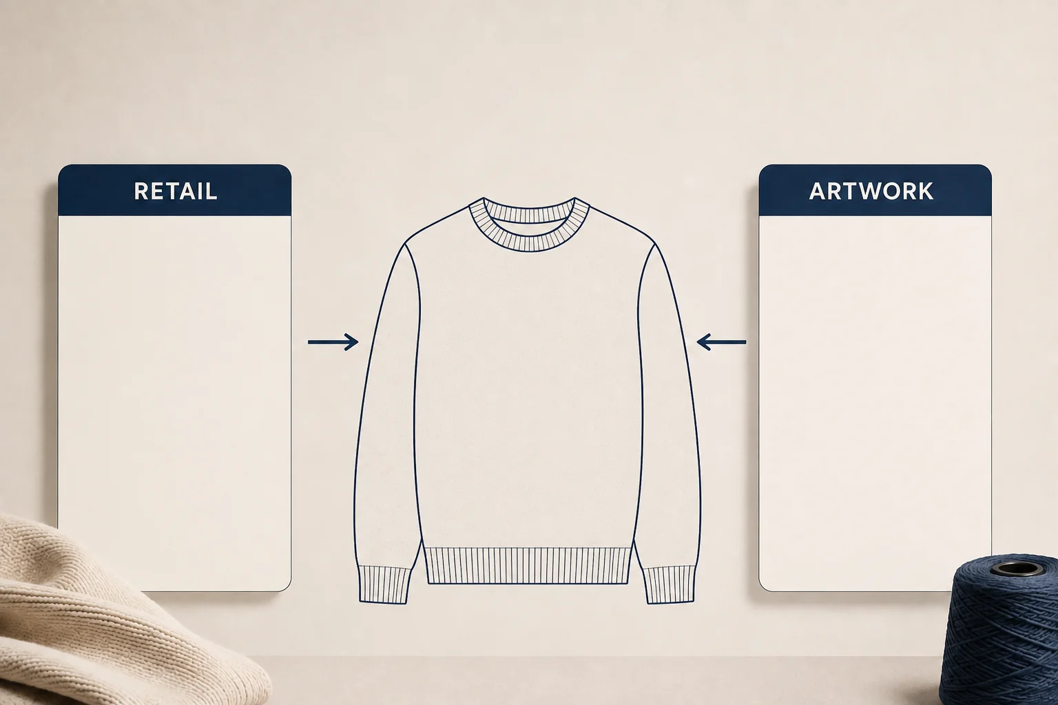 Retail and artwork cards point to the same sweater outline.