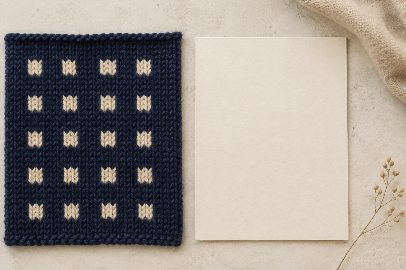 Navy knitted swatch with cream square motifs beside a blank cream card.